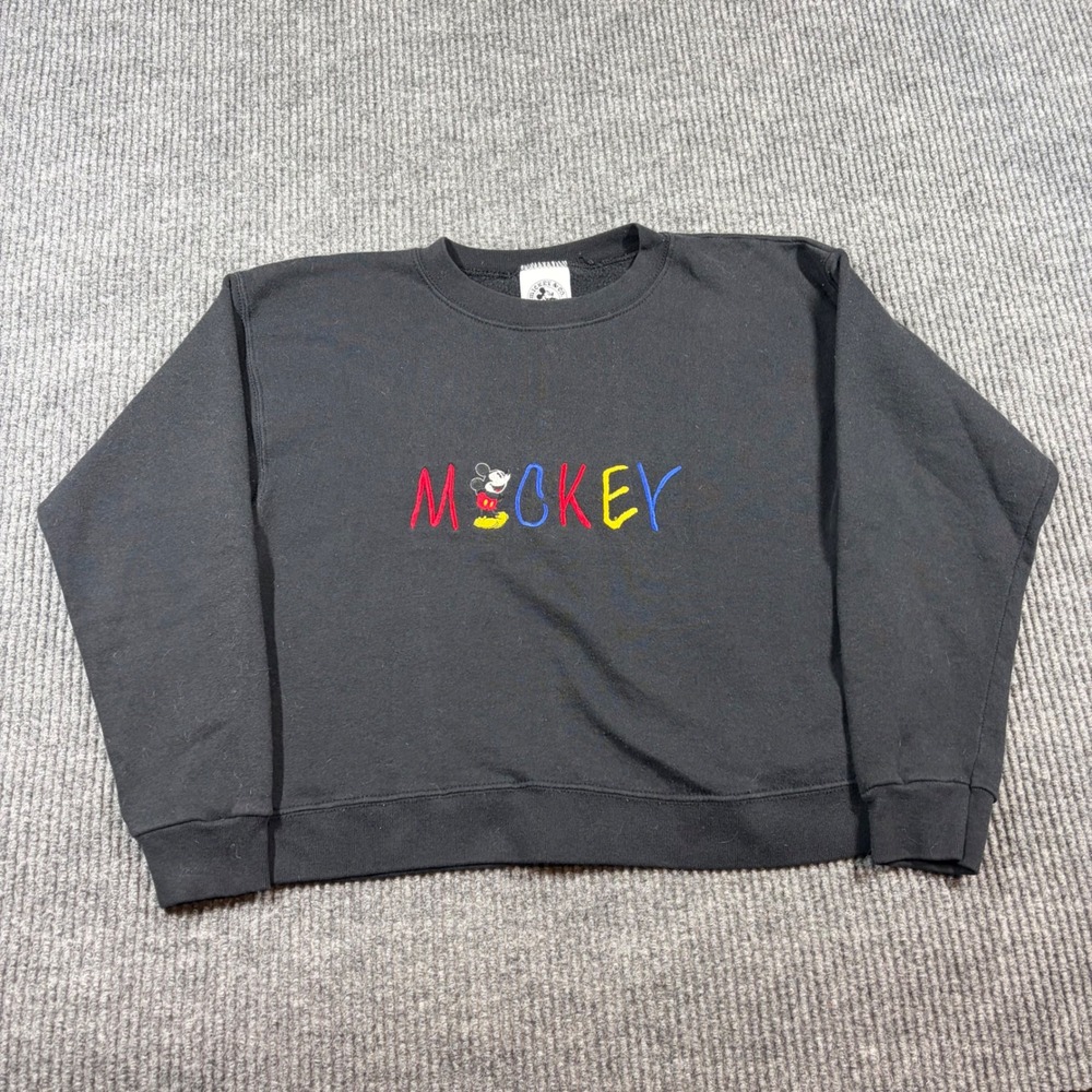 Vintage Mickey‎ & Co Sweatshirt Women's L Cropped Mickey Mouse Embroidered Black